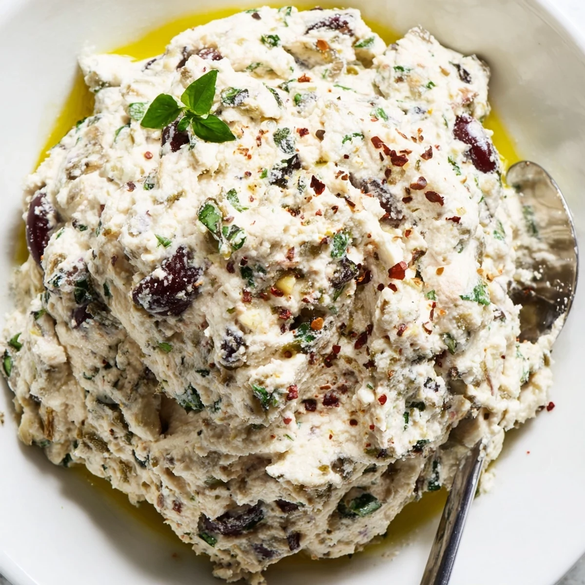Italian Style Olive and Cheese Spread served with golden crostini crackers