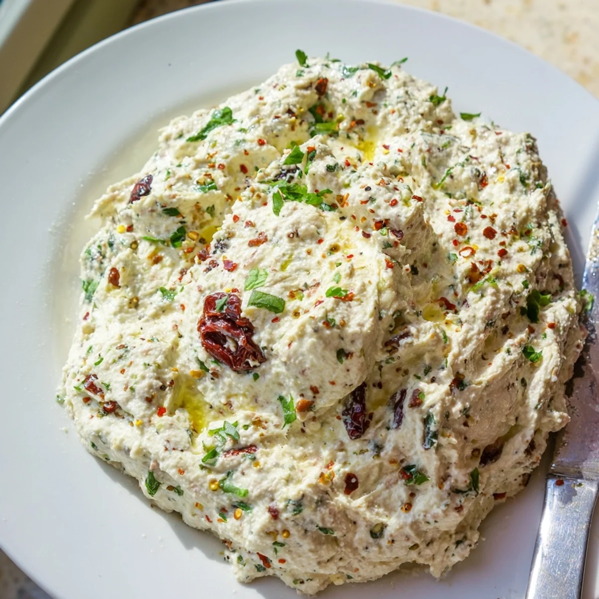 Creamy Italian Style Olive and Cheese Spread topped with fresh basil leaves