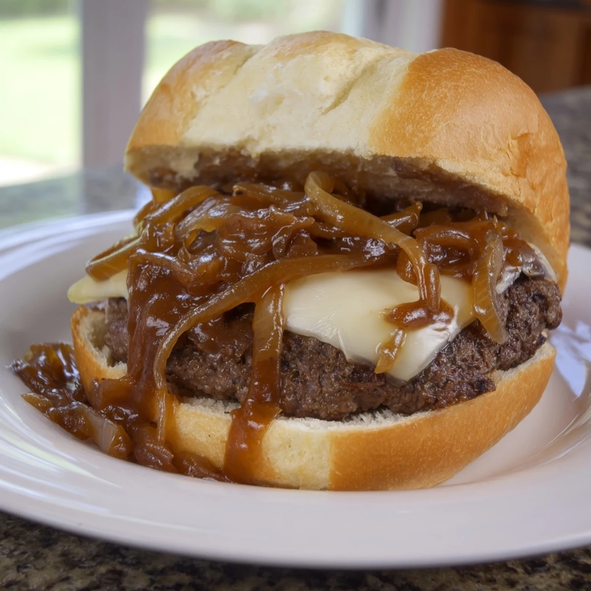 Juicy smothered hamburger steak sandwich dripping with rich, golden onion gravy