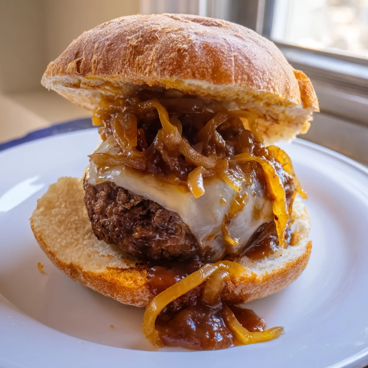 Thick hamburger steak nestled in a toasted bun under creamy onion gravy