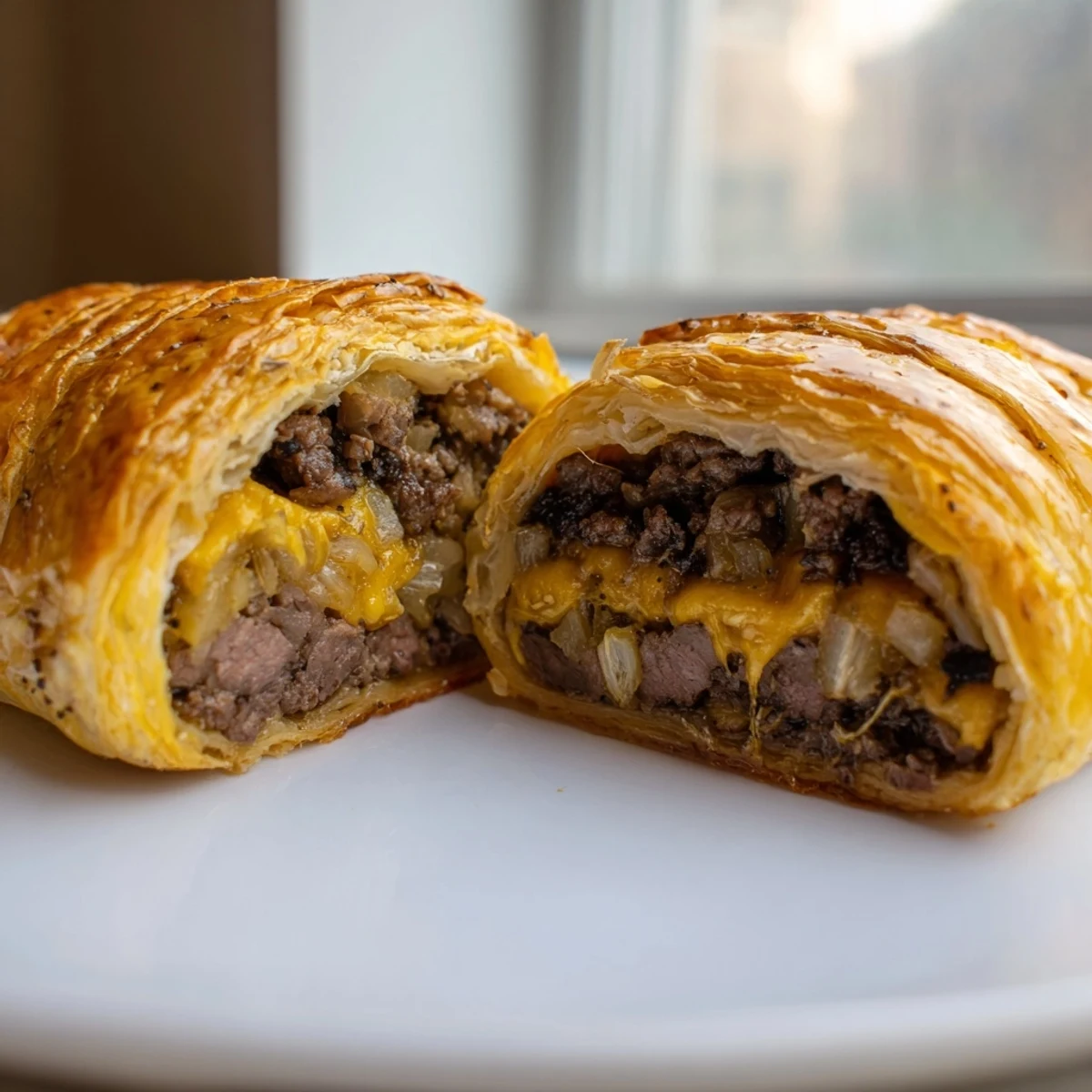 Golden baked Greggs inspired steak and cheese roll with melted cheddar oozing from flaky puff pastry