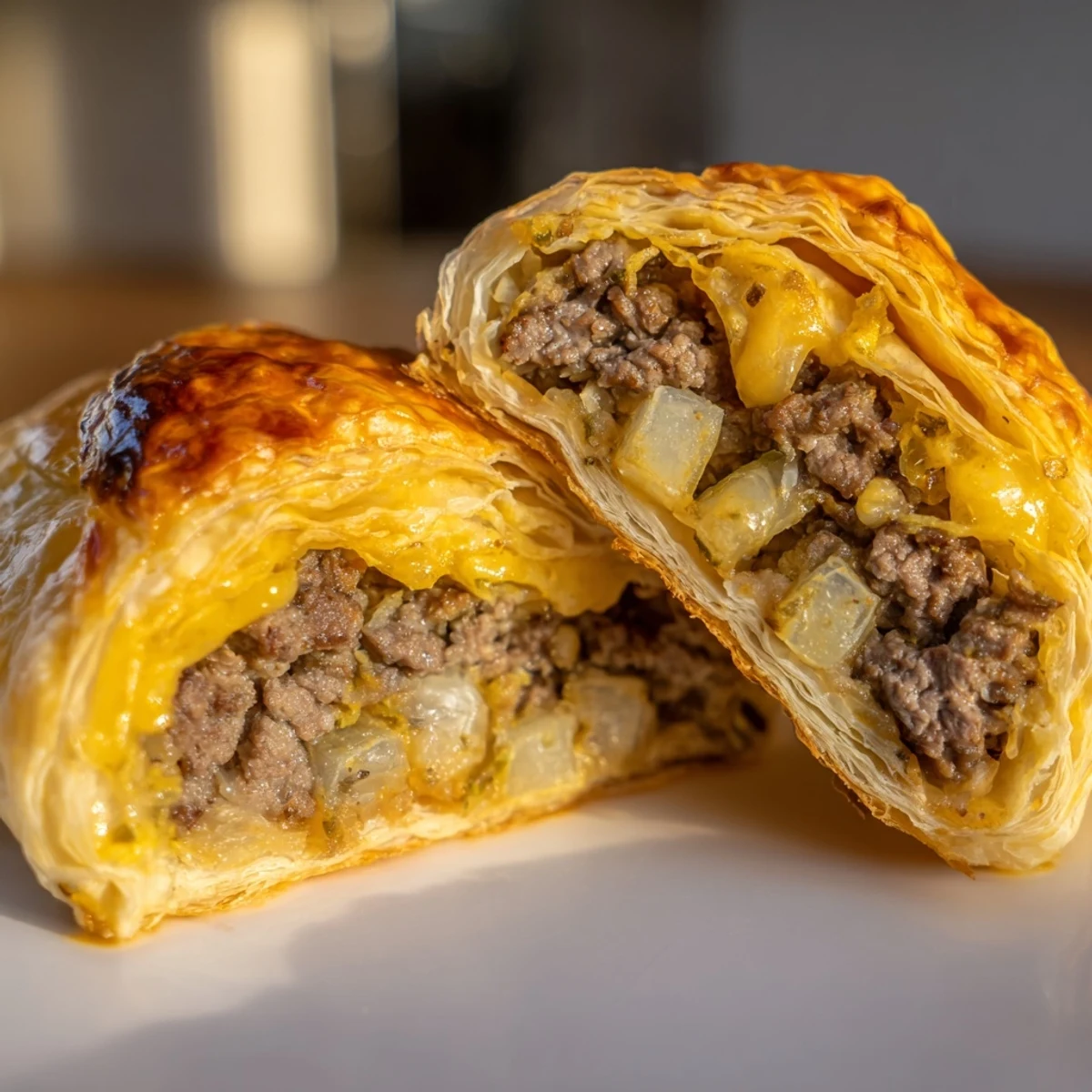 Steaming Greggs inspired steak and cheese roll sliced open revealing tender beef and melted cheddar filling