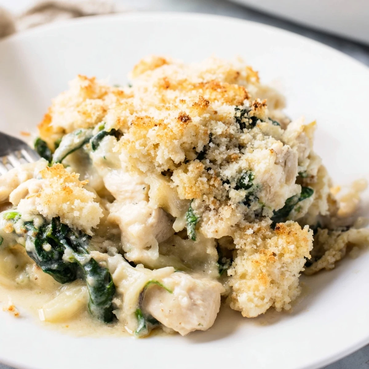 Creamy Chicken Spinach Casserole bubbling with golden melted cheese on top