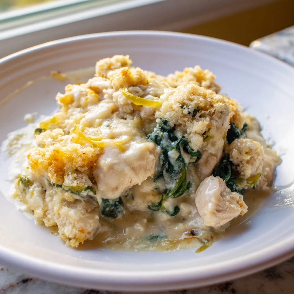 Creamy Chicken Spinach Casserole served in a rustic white baking dish