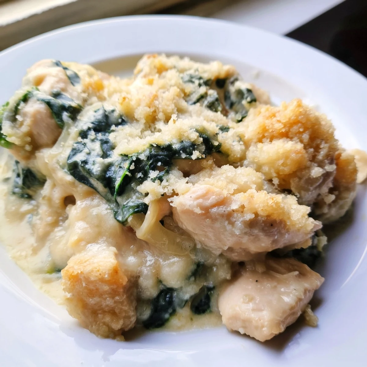 Creamy Chicken Spinach Casserole with tender chicken and vibrant green spinach