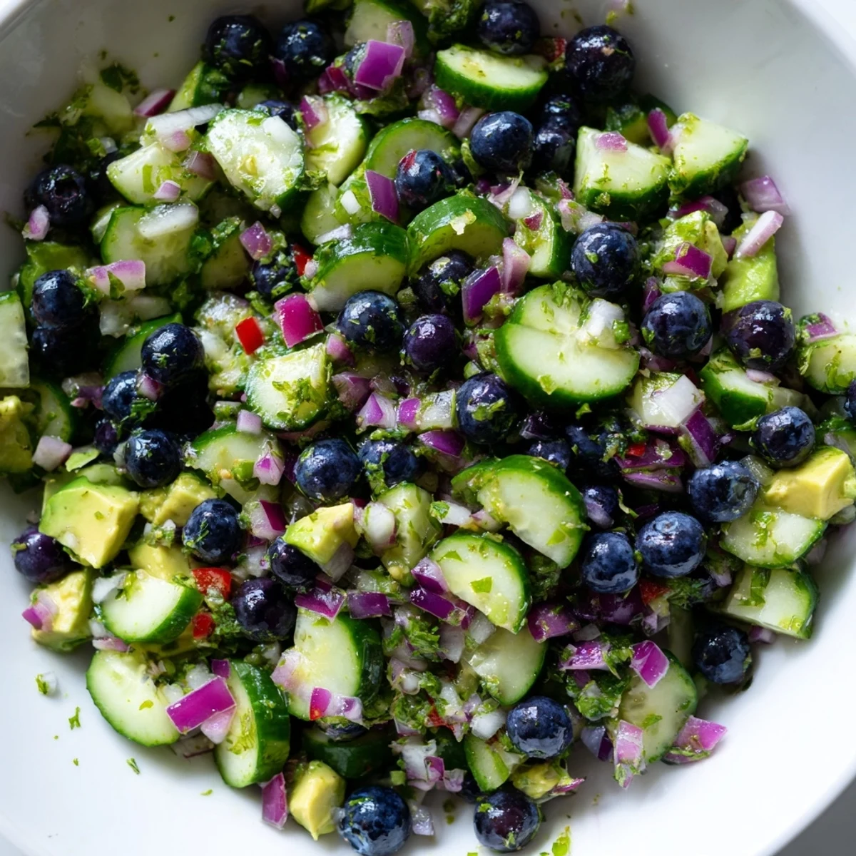 Bright blueberry cucumber salsa in a bowl with lime and cilantro alongside tortilla chips