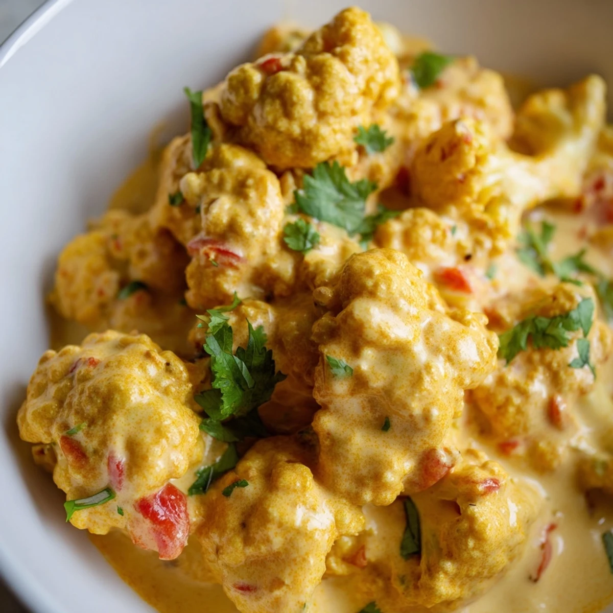 Tender cauliflower florets coated in rich Greek yogurt curry served over basmati rice