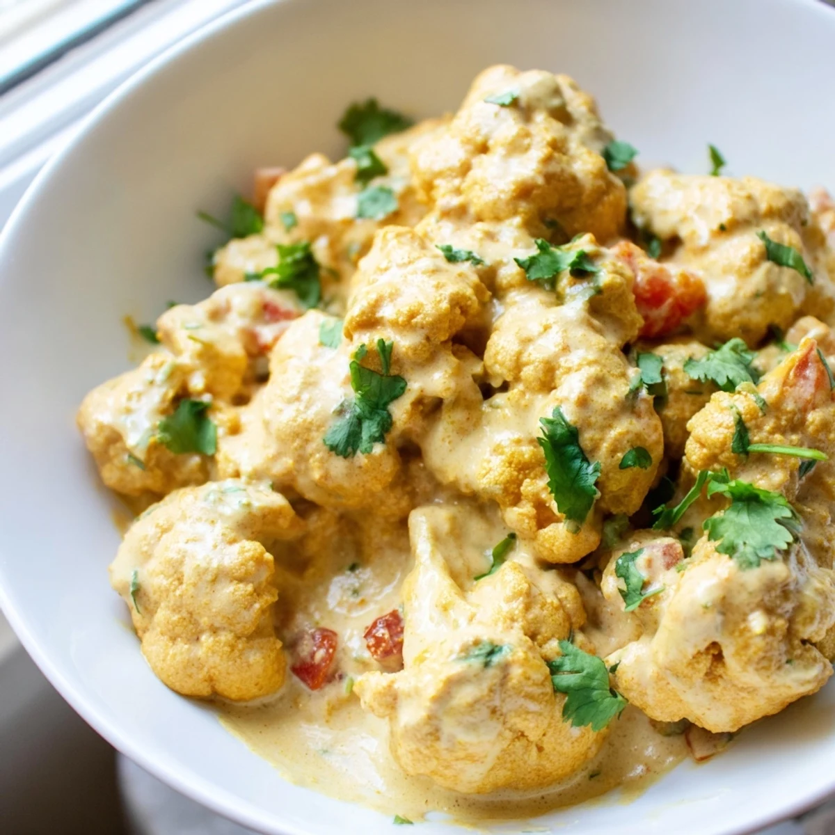 Creamy Greek yogurt cauliflower curry in a golden spiced sauce with fresh cilantro garnish