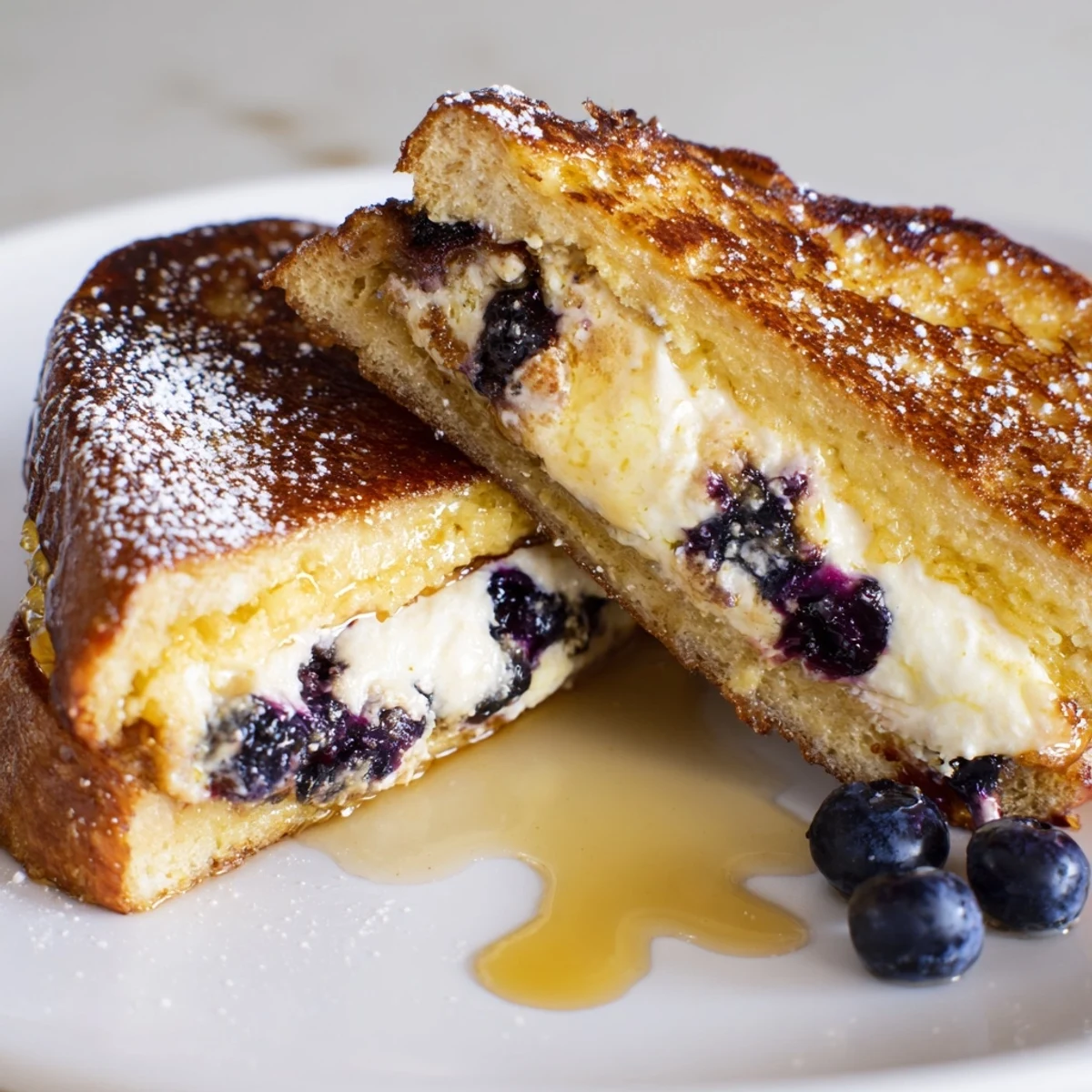 Golden brown blueberry cheesecake stuffed French toast dusted with powdered sugar on a white plate.
