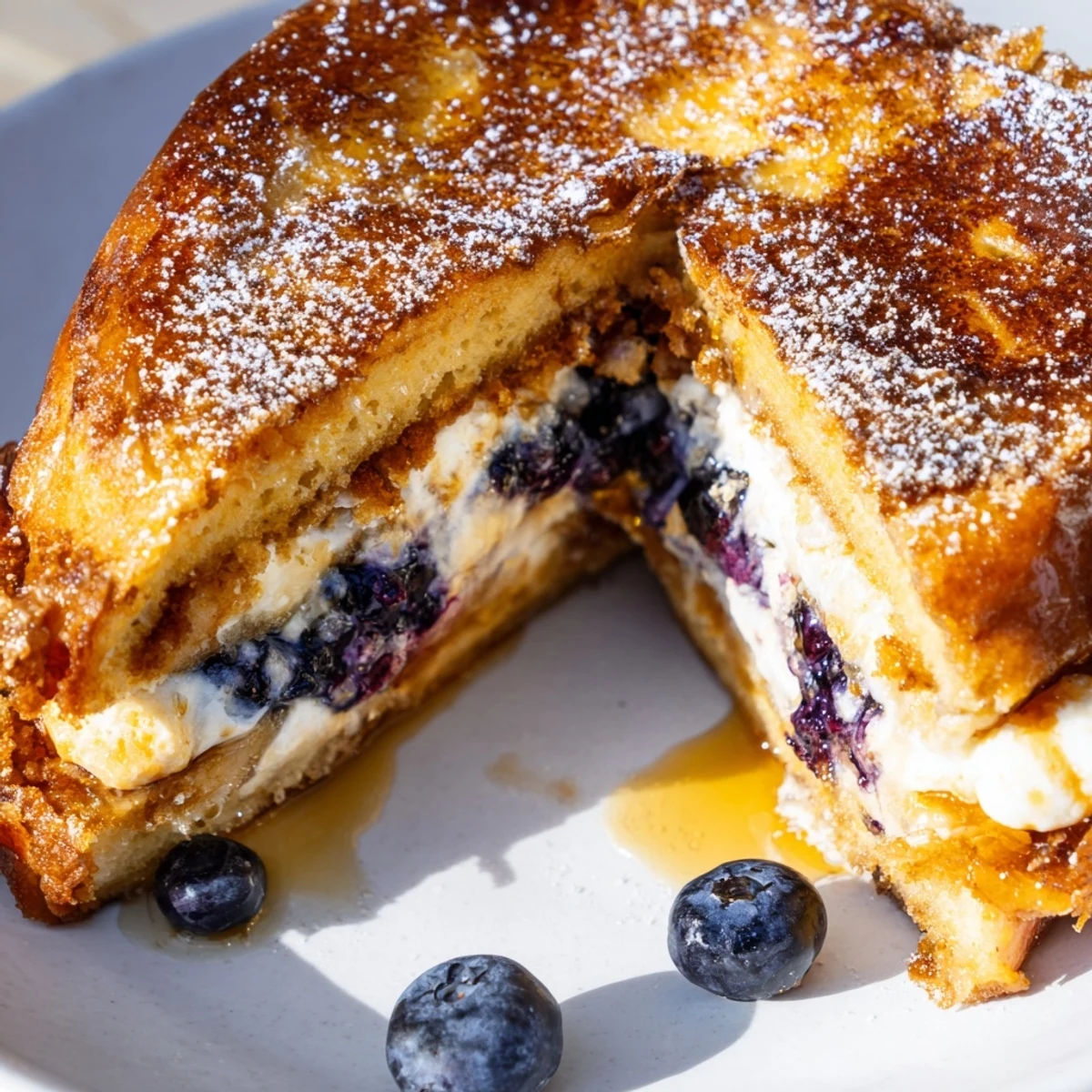 Thick brioche slices bursting with creamy cheesecake filling and juicy blueberries, served warm with maple syrup.