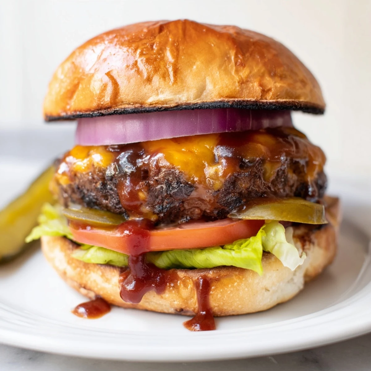 Juicy coffee rub burgers topped with smoky BBQ sauce on a toasted bun
