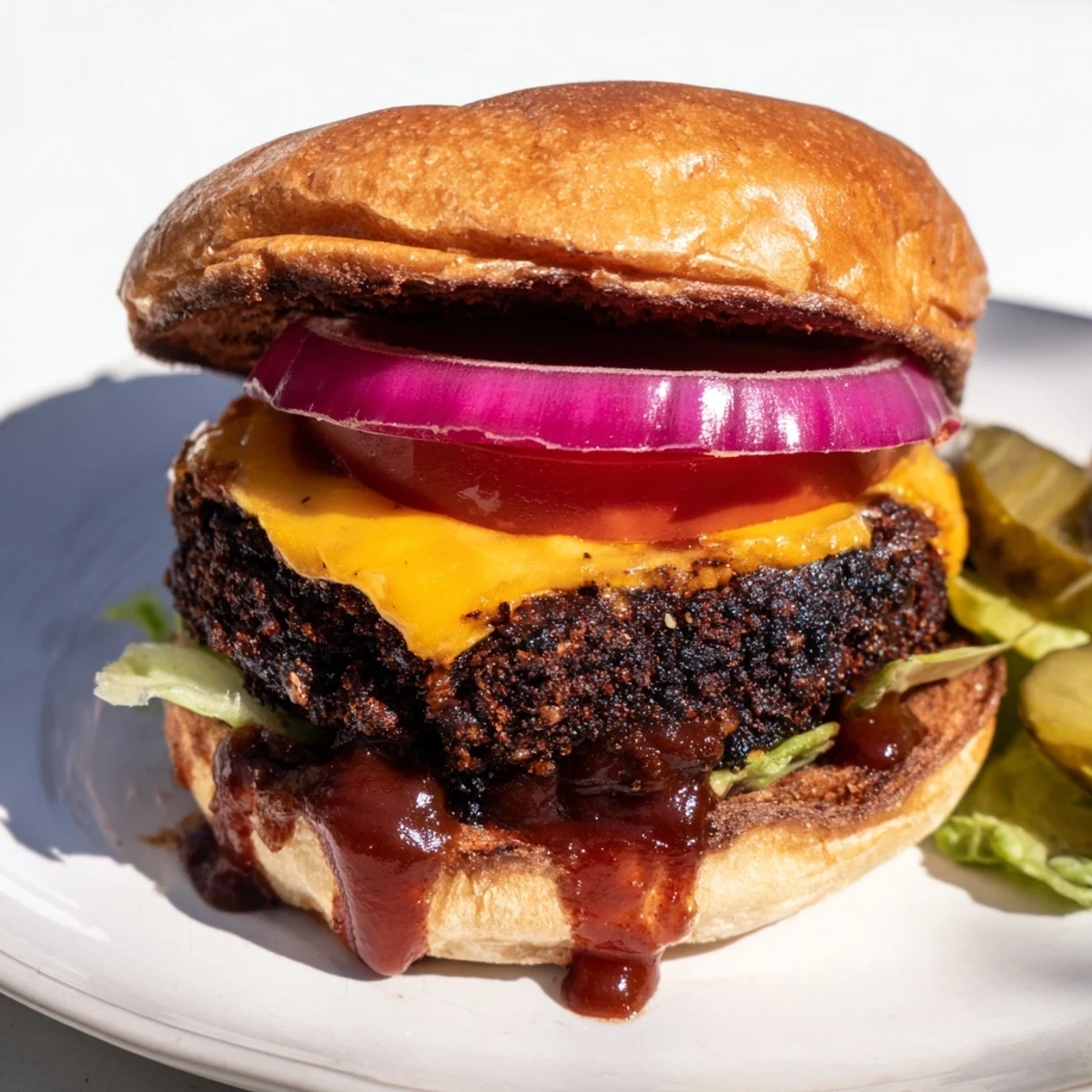 Hearty coffee rub burgers draped in rich smoky BBQ sauce with pickles