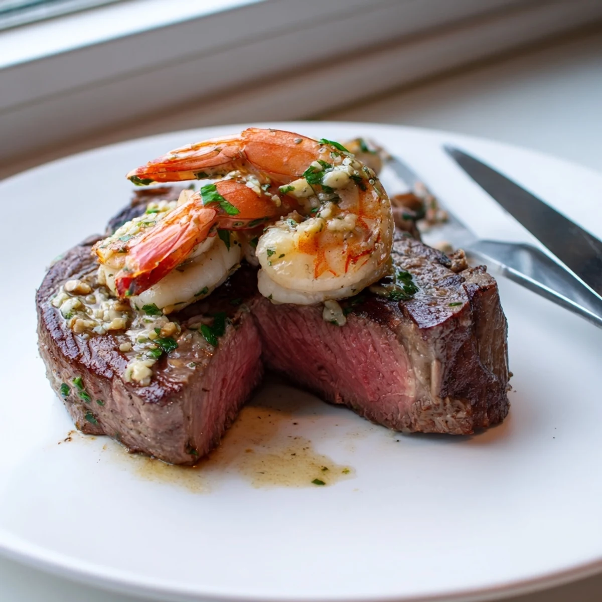 Juicy seared steak and garlic butter shrimp sizzling in a cast iron skillet