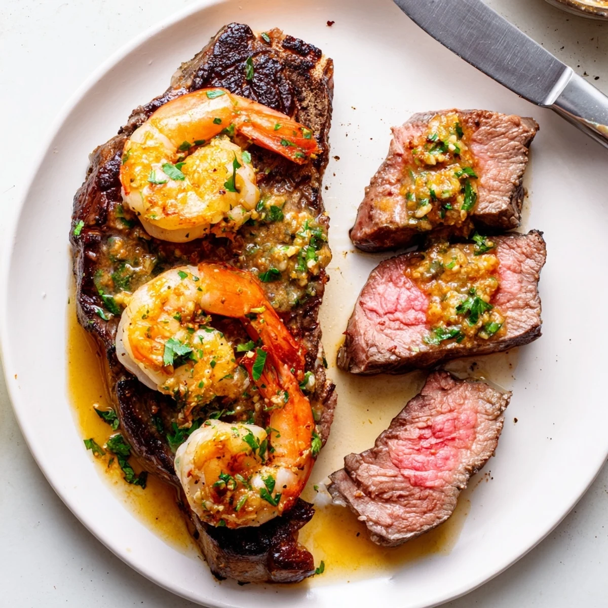 Tender ribeye steak and garlic butter shrimp plated with fresh lemon wedges for serving