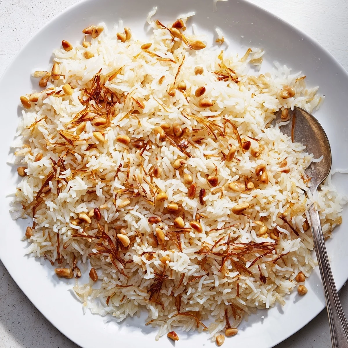 Fluffy Lebanese Rice with golden toasted vermicelli and pine nuts on a white plate