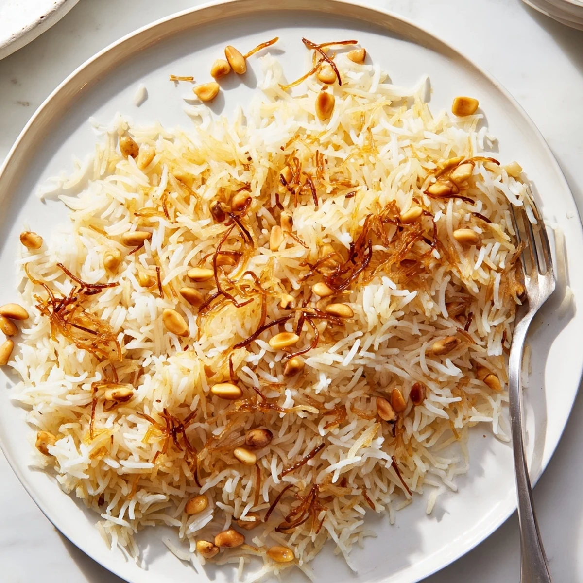 Steaming bowl of buttery Lebanese Rice garnished with crispy pine nuts and pepper