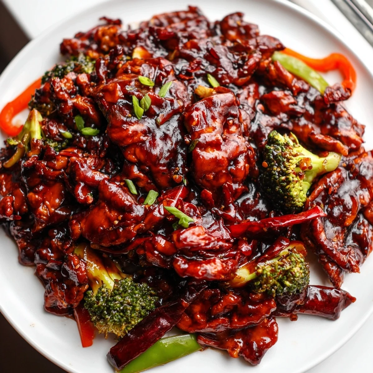 Hunan Chicken stir-fry with vibrant bell peppers and broccoli in glossy spicy sauce