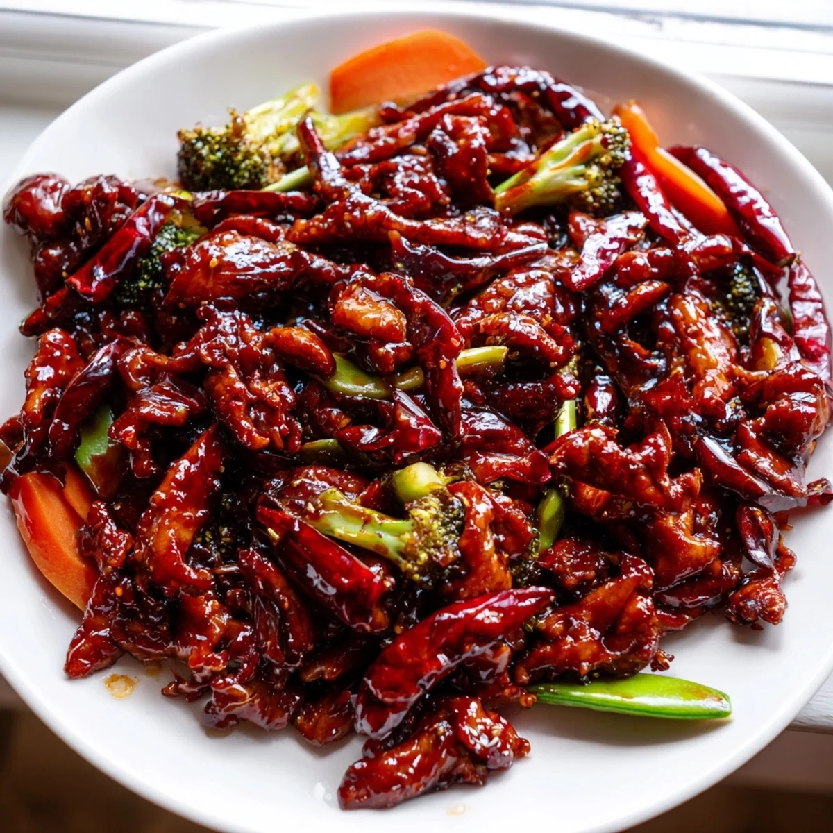 Tender sliced Hunan Chicken tossed with crisp colorful vegetables in garlicky chili glaze