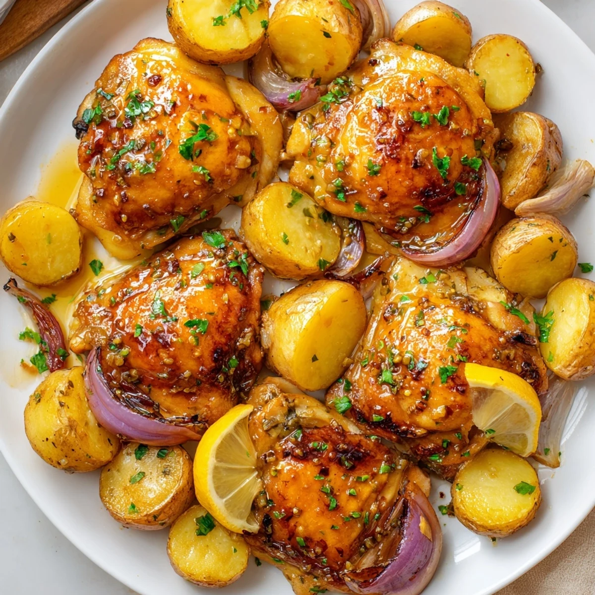 Crispy baked honey lemon chicken and potatoes glistening with golden pan juices on a rustic sheet pan