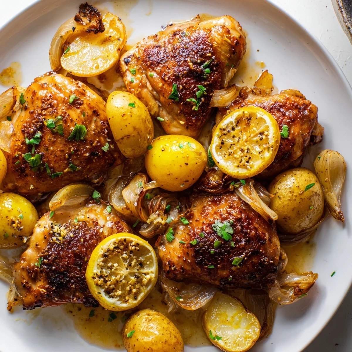 Juicy baked honey lemon chicken and potatoes drizzled in sticky sweet-tangy sauce ready for a cozy weeknight dinner