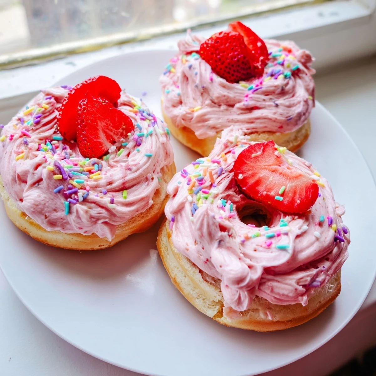 Golden baked Strawberry Buttercream Frosted Donuts crowned with swirled pink icing and fresh berry slices