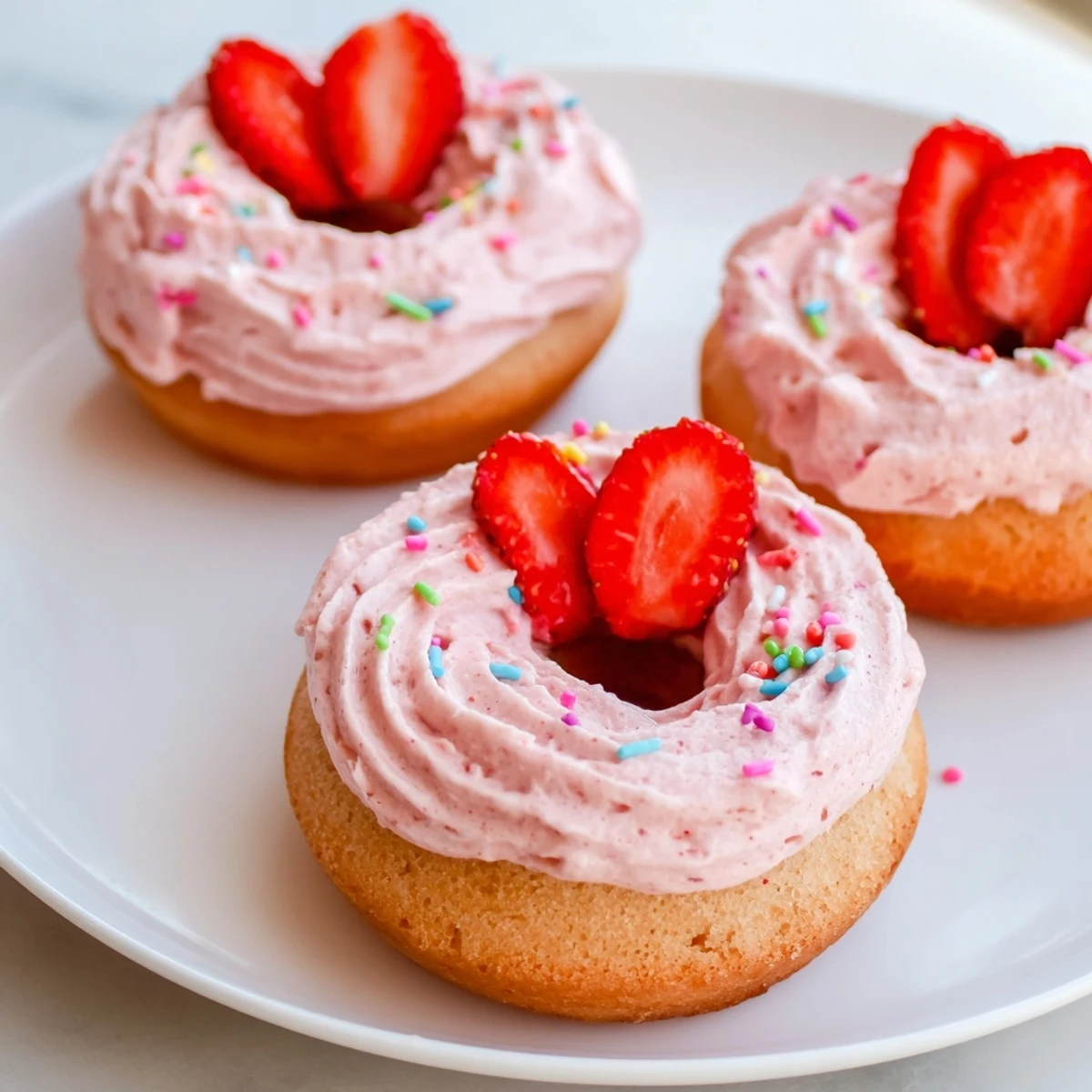 Fluffy Strawberry Buttercream Frosted Donuts arranged on a rustic plate with vibrant pink frosting