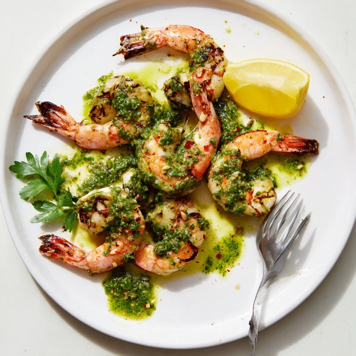 Chimichurri shrimp sizzling in a cast iron skillet with bright green herb sauce