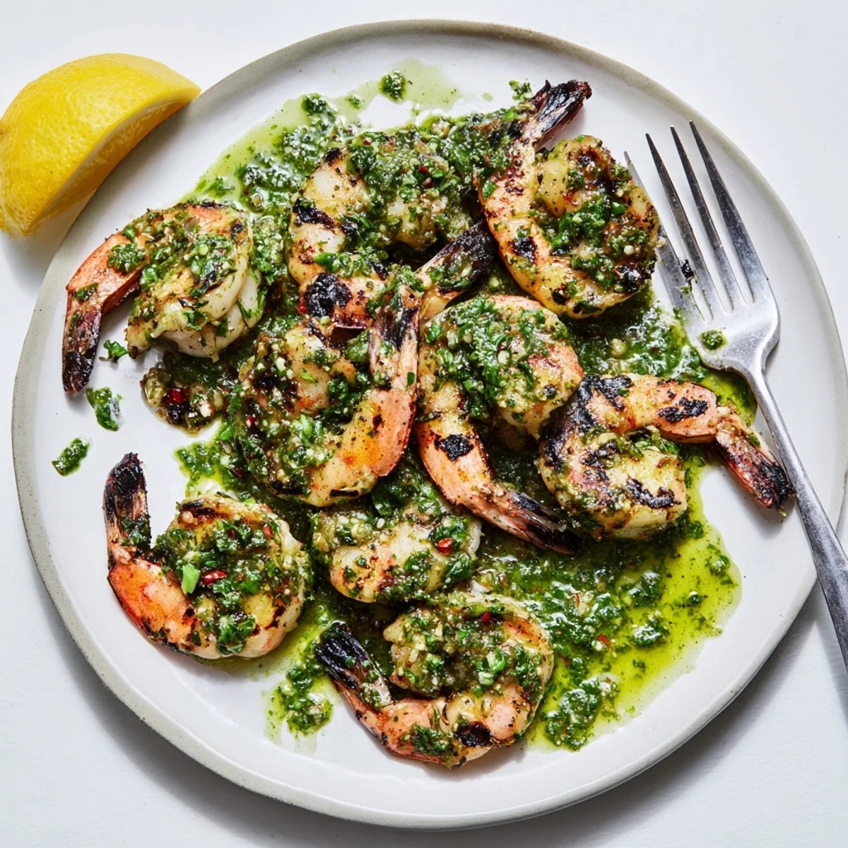 Plump chimichurri shrimp draped in vibrant green sauce on a white serving plate