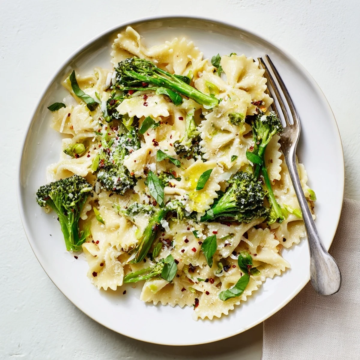 Steaming plate of mafaldine limone broccoli pasta crowned with grated Parmigiano-Reggiano and cracked black pepper