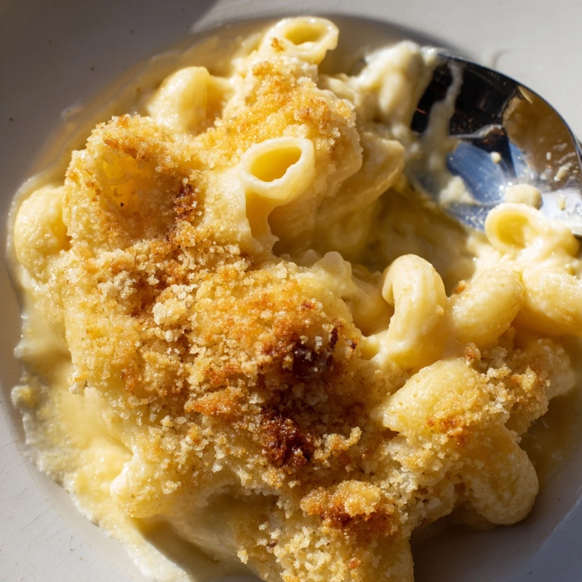 Creamy mac and cheese bubbling in a baking dish with melted cheddar topping