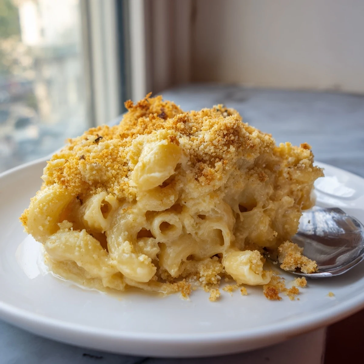 Steaming bowl of mac and cheese with gooey cheese sauce and golden crust