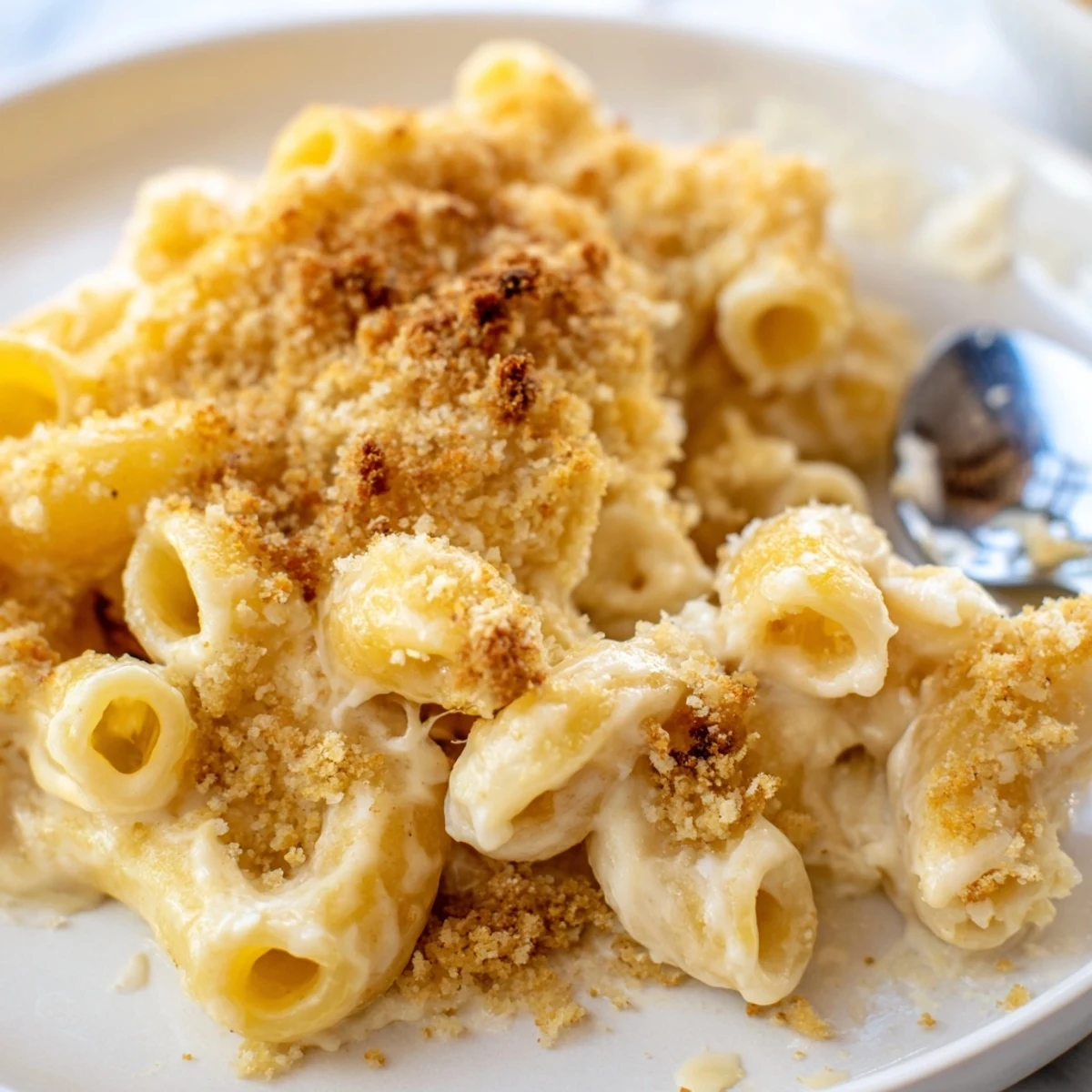 Golden baked mac and cheese with a crispy breadcrumb topping in a rustic dish