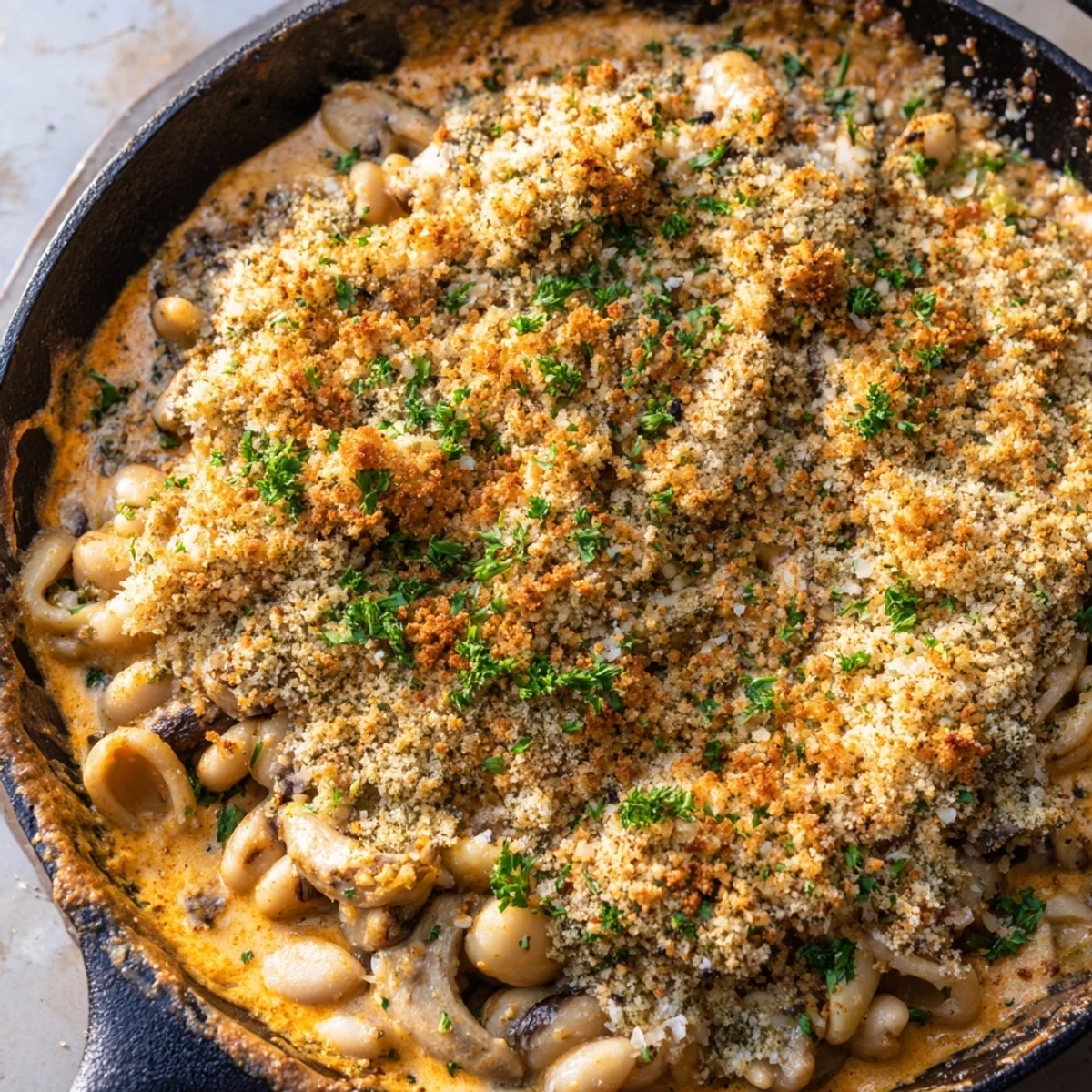 Creamy spiced white beans with mushrooms bubbling under a golden cheddar herb crust