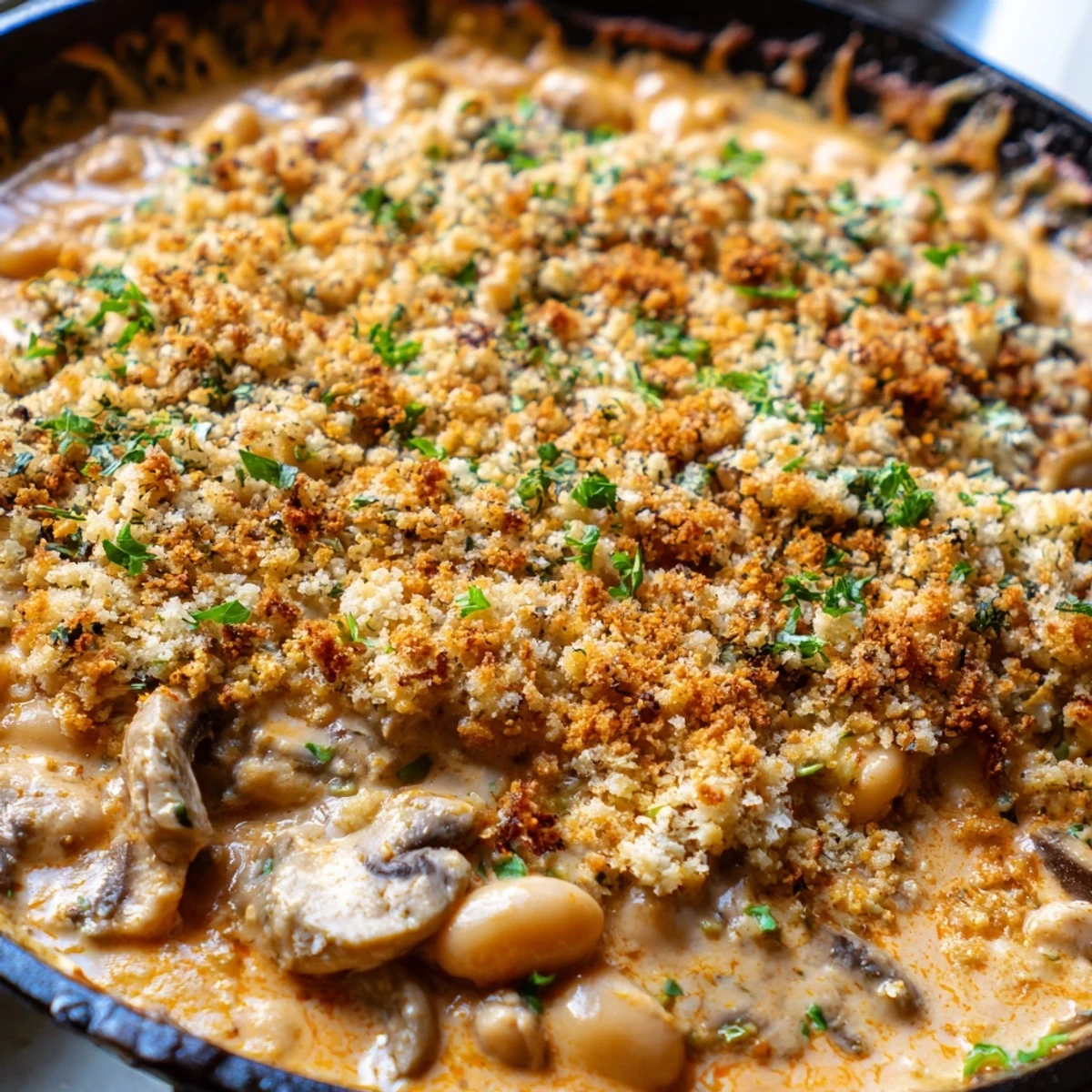 Tender white beans and earthy mushrooms coated in a rich, smoky cream sauce