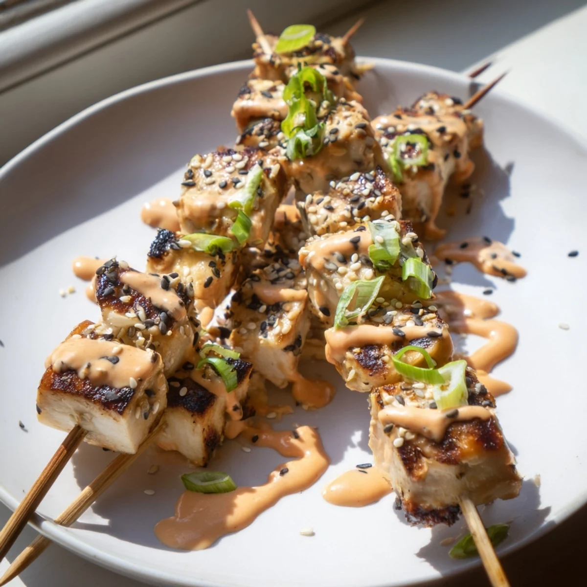 Juicy Bang Bang Chicken Skewers with charred edges drizzled in spicy creamy sauce