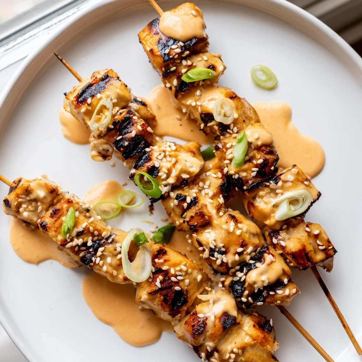 Grilled Bang Bang Chicken Skewers on a platter topped with sesame seeds and spring onions