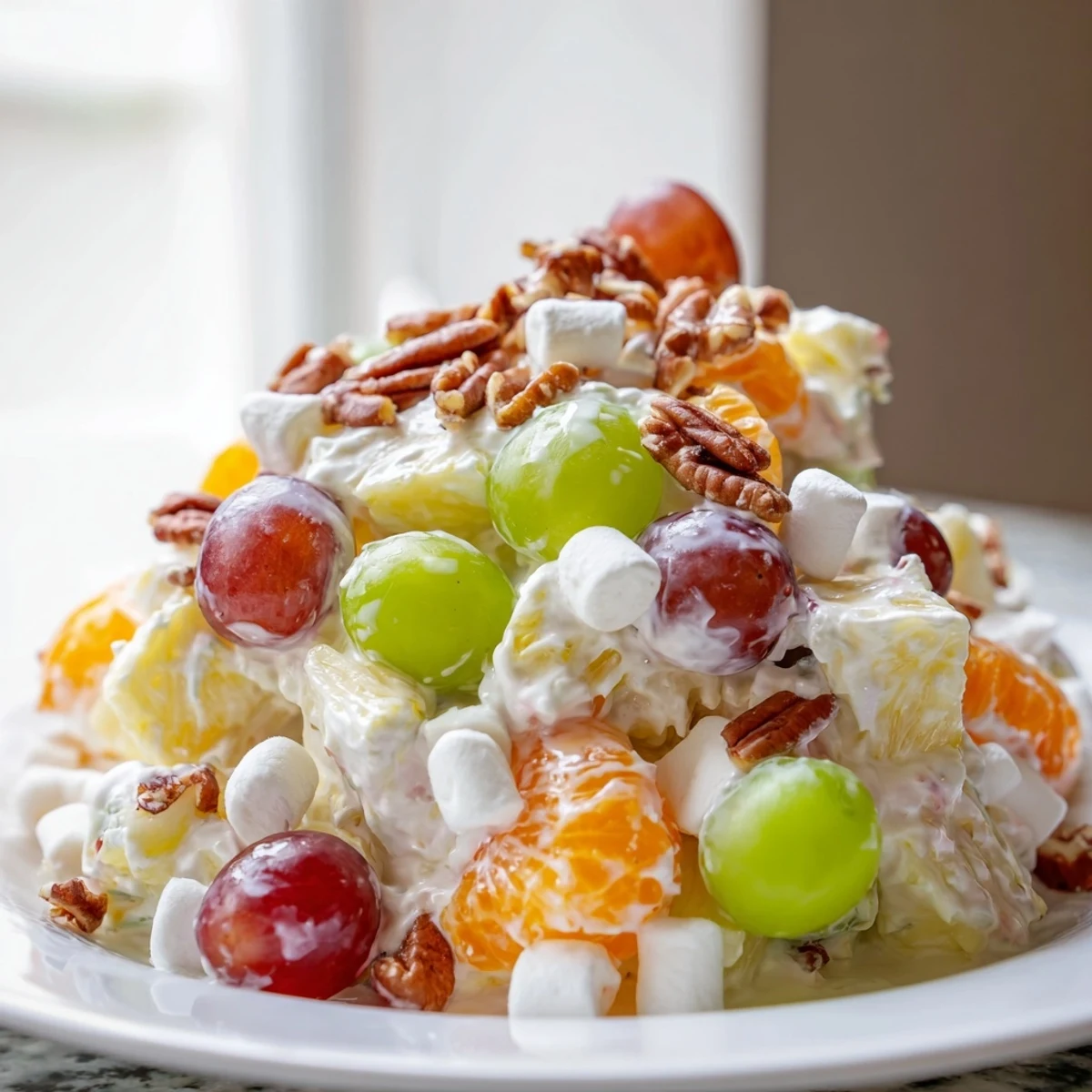 Creamy pineapple salad nestled in a bowl with pineapple chunks and grapes glistening under a smooth, tangy dressing.