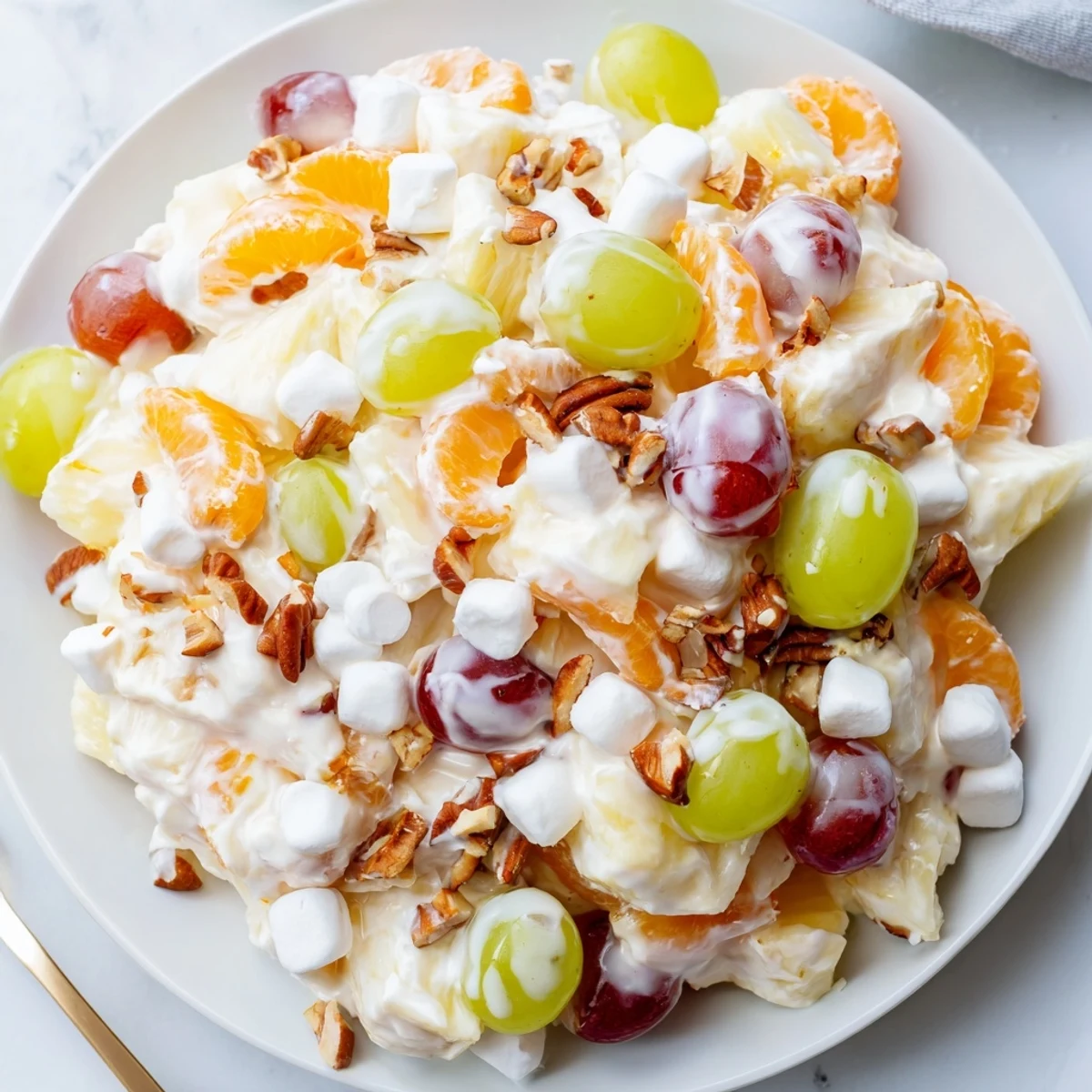 A close-up of creamy pineapple salad topped with chopped pecans, mandarin oranges, and fluffy mini marshmallows on a sunny picnic table.