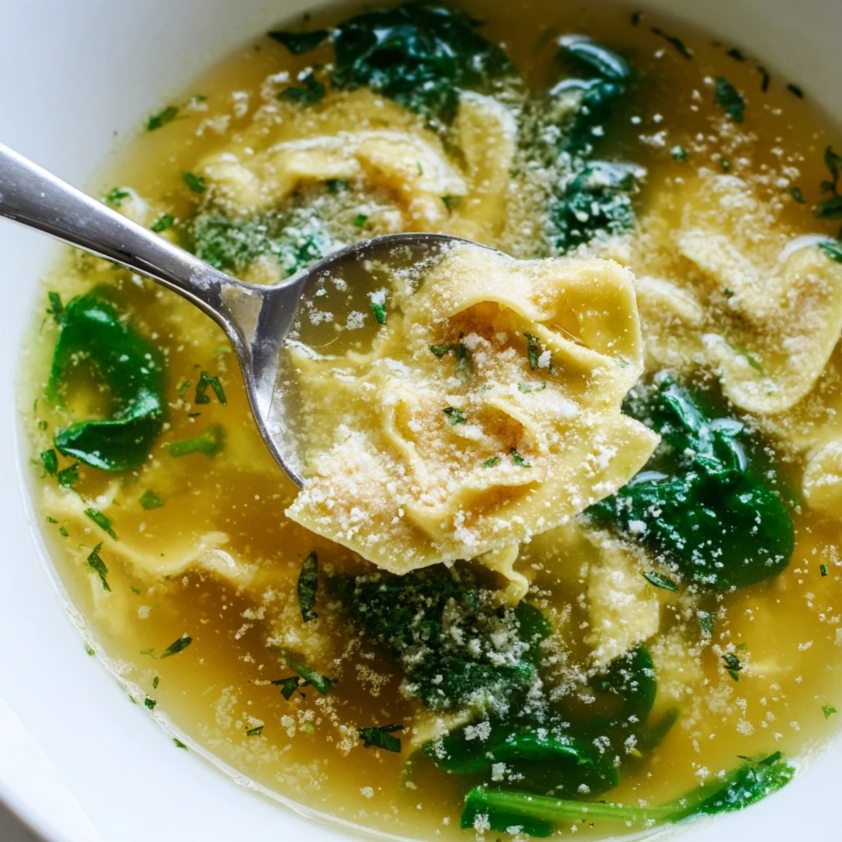 Steaming bowl of stracciatella soup with delicate egg ribbons and fresh spinach leaves