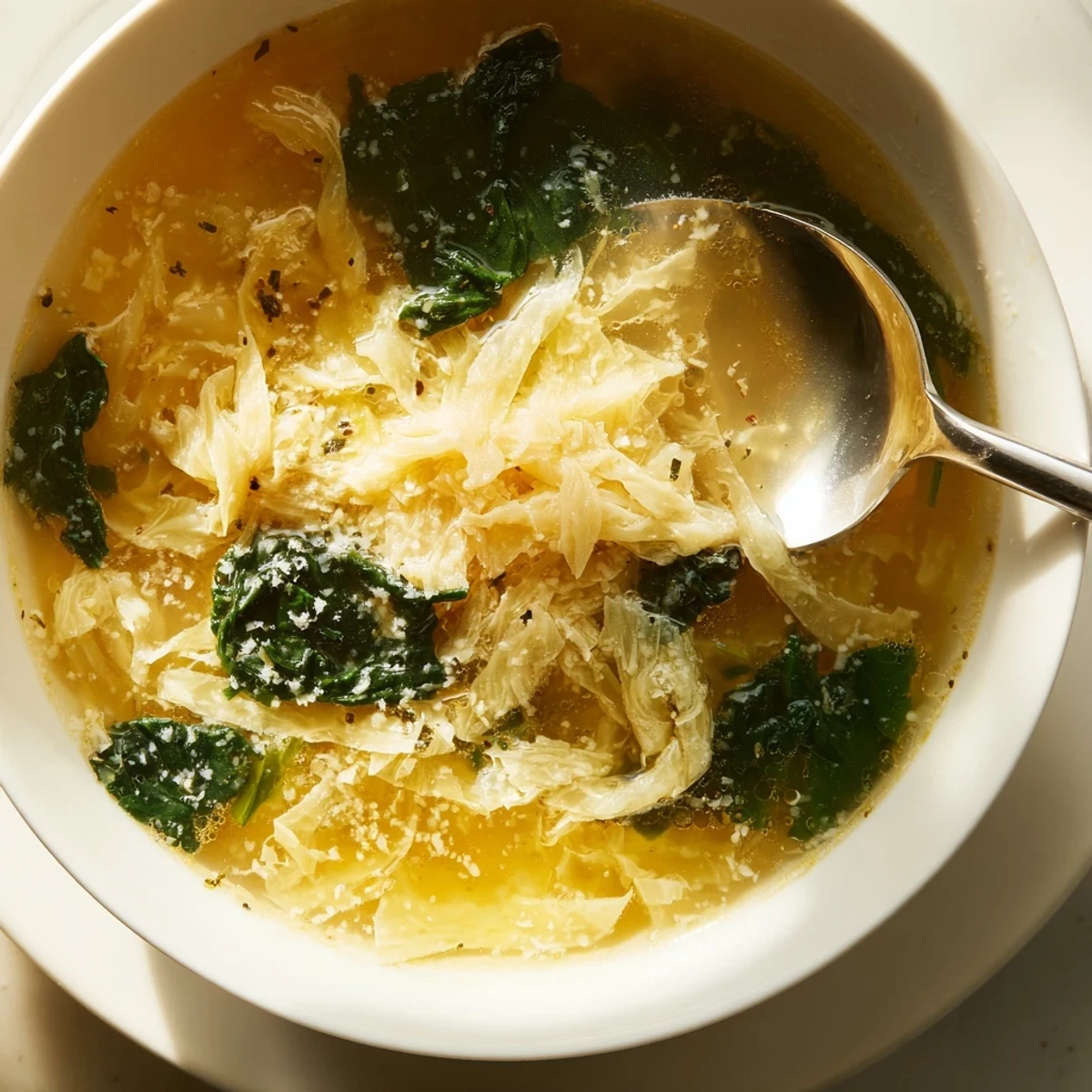 Golden egg ribbons floating in a bowl of stracciatella soup topped with Parmesan