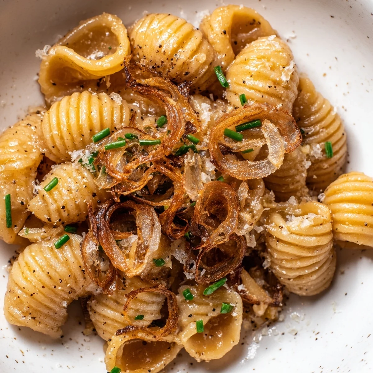 Golden radiatori pasta coated in brown butter miso sauce topped with crispy shallots