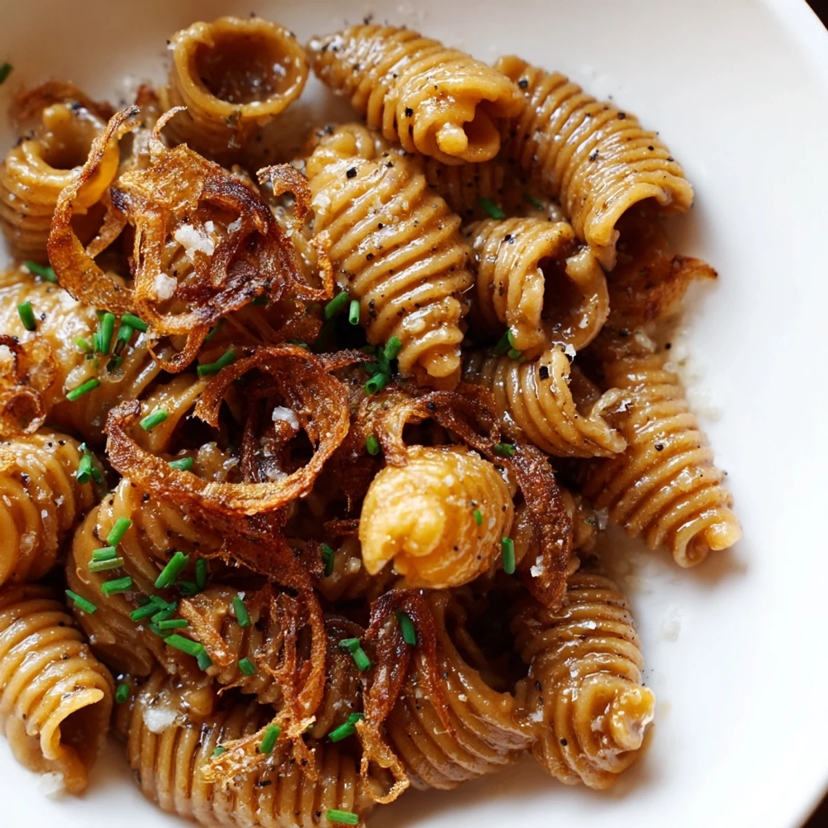 Crispy shallots and roasted garlic crown this rich brown butter miso radiatori pasta