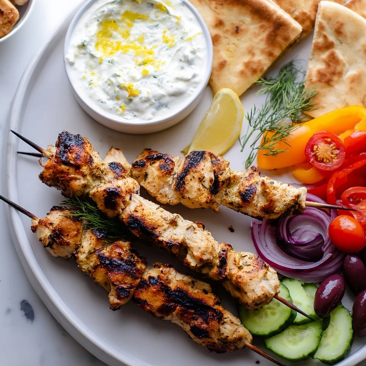 Juicy Greek chicken souvlaki skewers nestled among fresh veggies and creamy garlic feta dip on a wooden board