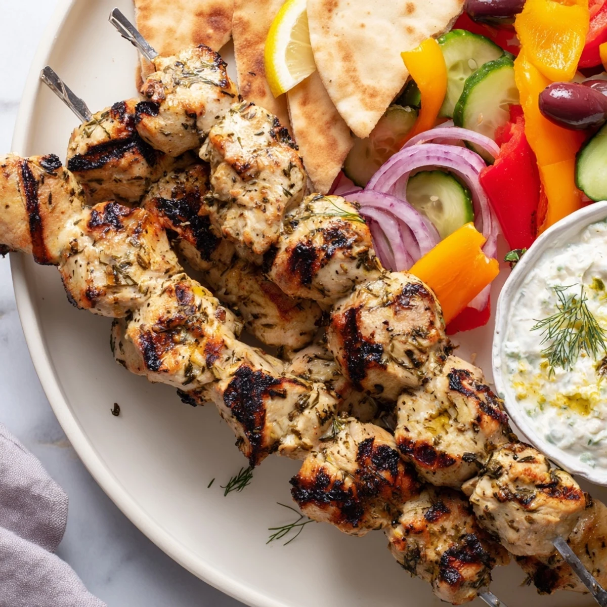 Golden grilled Greek chicken souvlaki surrounded by olives, crisp cucumbers, and fluffy pita on a festive platter