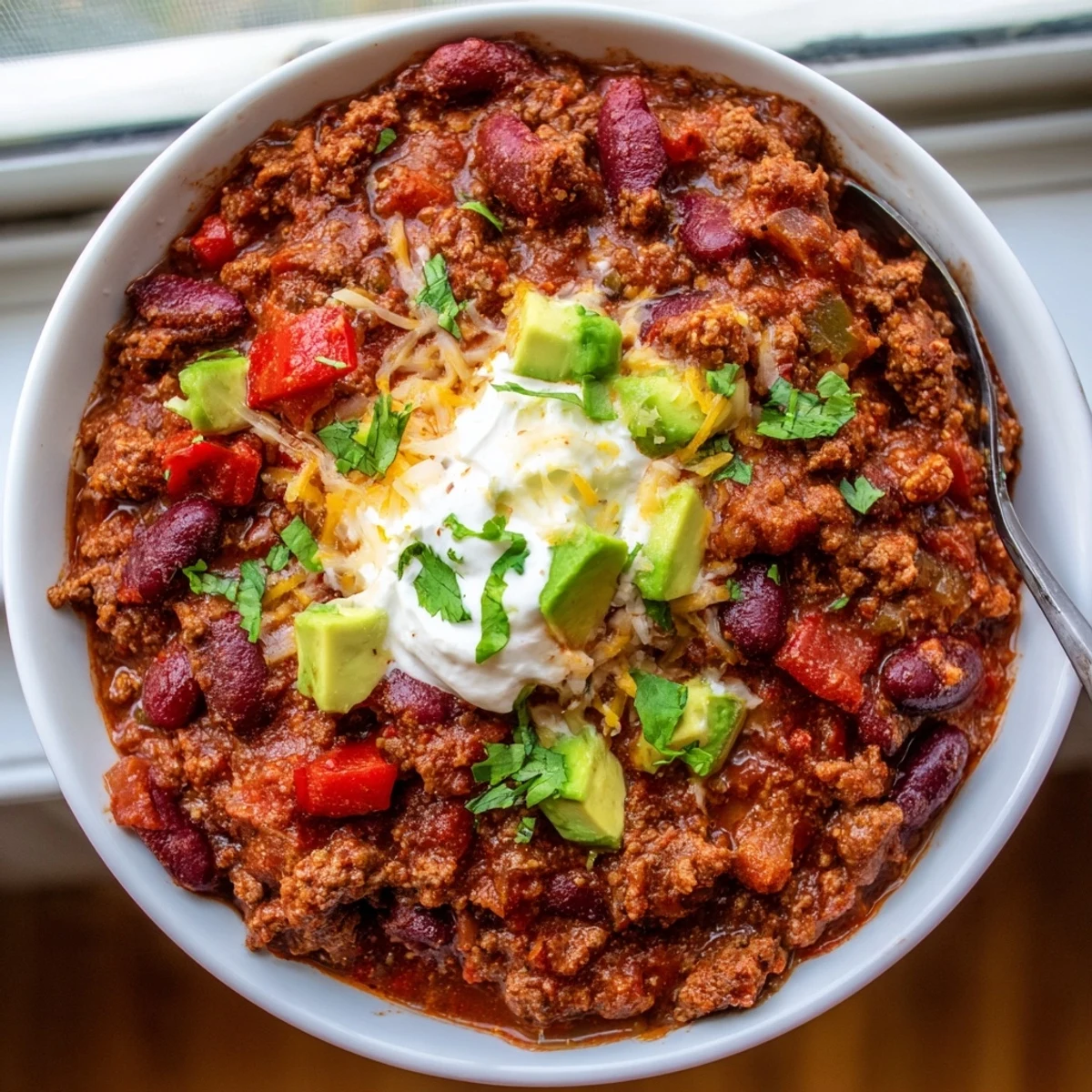 Thick beef chili recipe loaded with tender beans in a rich tomato broth
