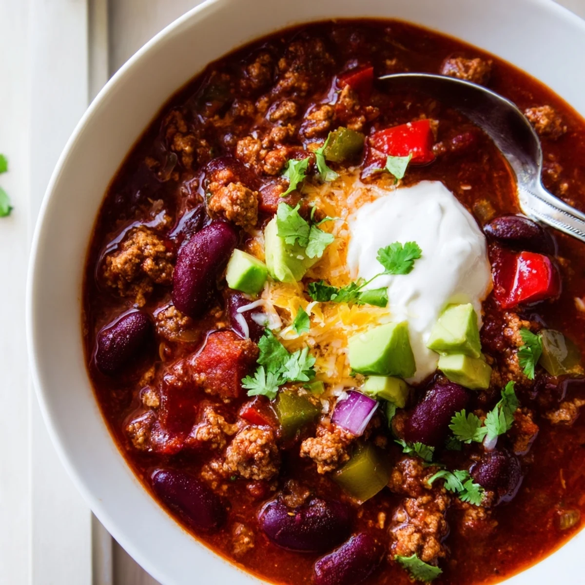 Steaming bowl of hearty chili recipe topped with melted cheddar and fresh cilantro