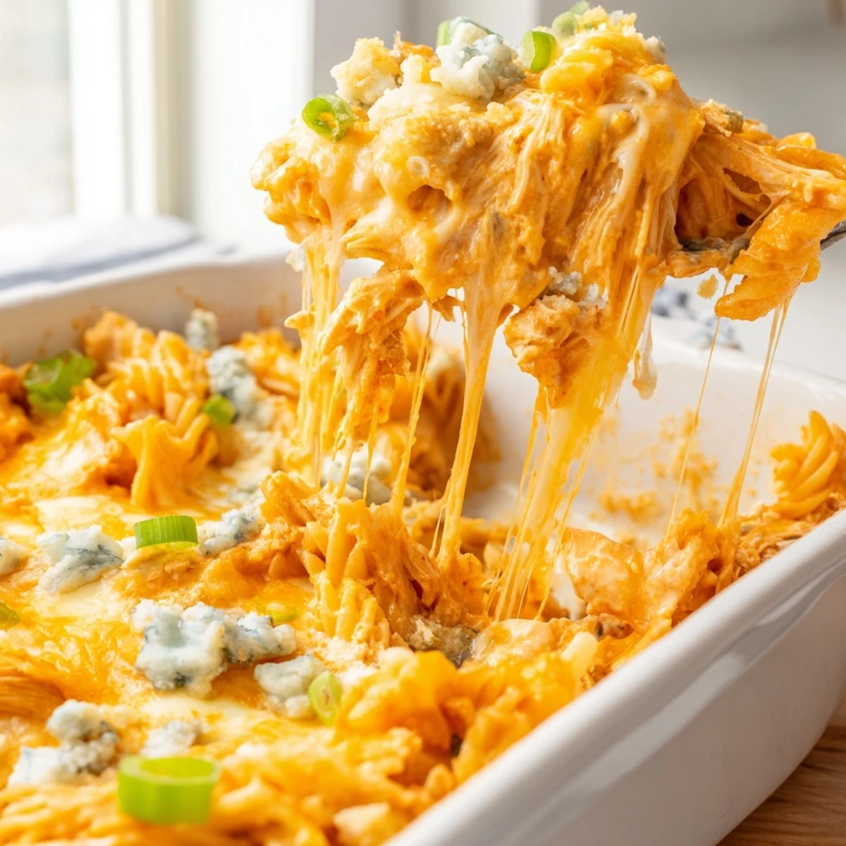 Cheesy Buffalo Chicken Dip Casserole bubbling golden with melted cheddar in a baking dish