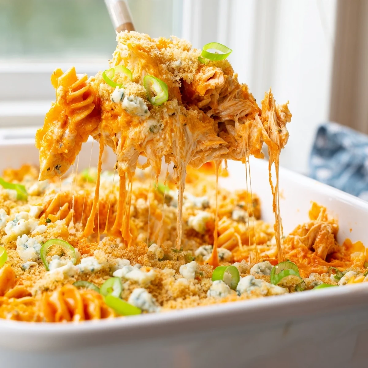 Creamy Cheesy Buffalo Chicken Dip Casserole topped with crumbled blue cheese and green onions