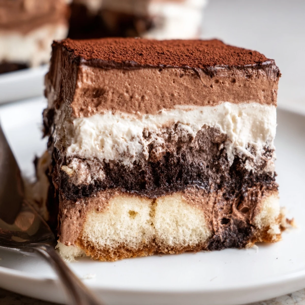 Rich chocolate mousse tiramisu sliced into neat squares revealing velvety mascarpone layers