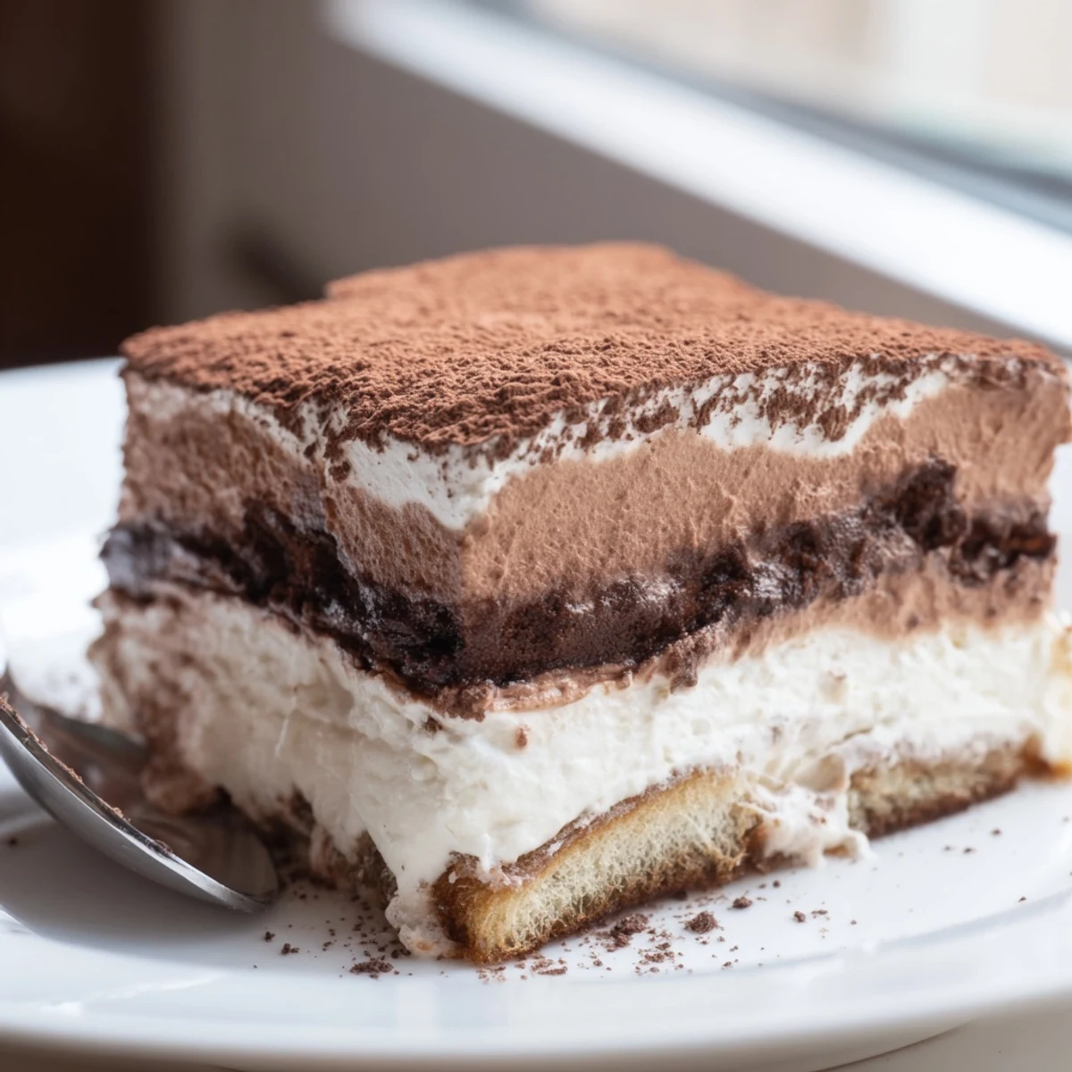 Creamy chocolate mousse tiramisu layered with coffee-soaked ladyfingers and cocoa dust
